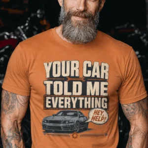 Mechanic T‑Shirt – "Your Car Told Me Everything" Vintage Graphic Design Tee — yam t-shirt, model photo | Pressure Tested Co