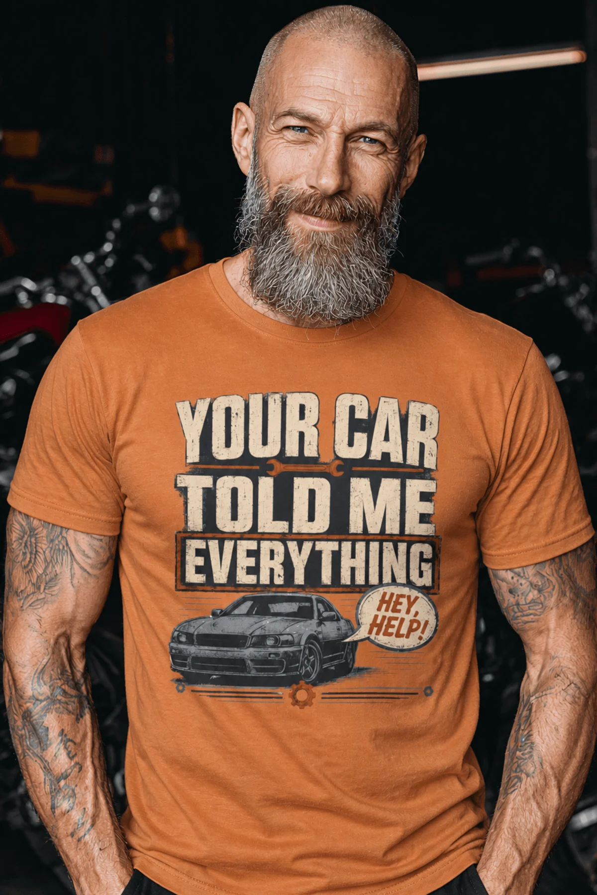 Mechanic T‑Shirt – "Your Car Told Me Everything" Vintage Graphic Design Tee — yam t-shirt, model photo | Pressure Tested Co