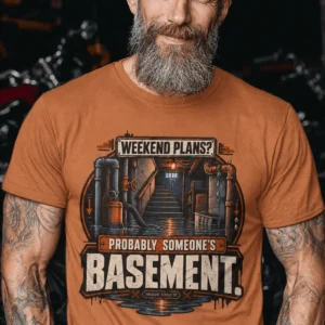 Plumber T‑Shirt – "Weekend Plans? Probably Someone's Basement" Vintage Graphic Design Tee — yam t-shirt, model photo | Pressure Tested Co