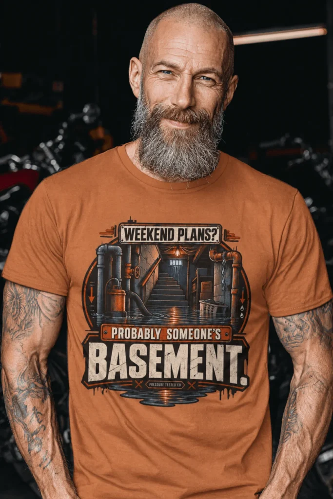 Plumber T‑Shirt – "Weekend Plans? Probably Someone's Basement" Vintage Graphic Design Tee — yam t-shirt, model photo | Pressure Tested Co