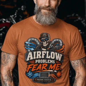 Airflow Problems Fear Me T-Shirt — HVAC Technician Skull Logo Tee — yam t-shirt, model photo | Pressure Tested Co