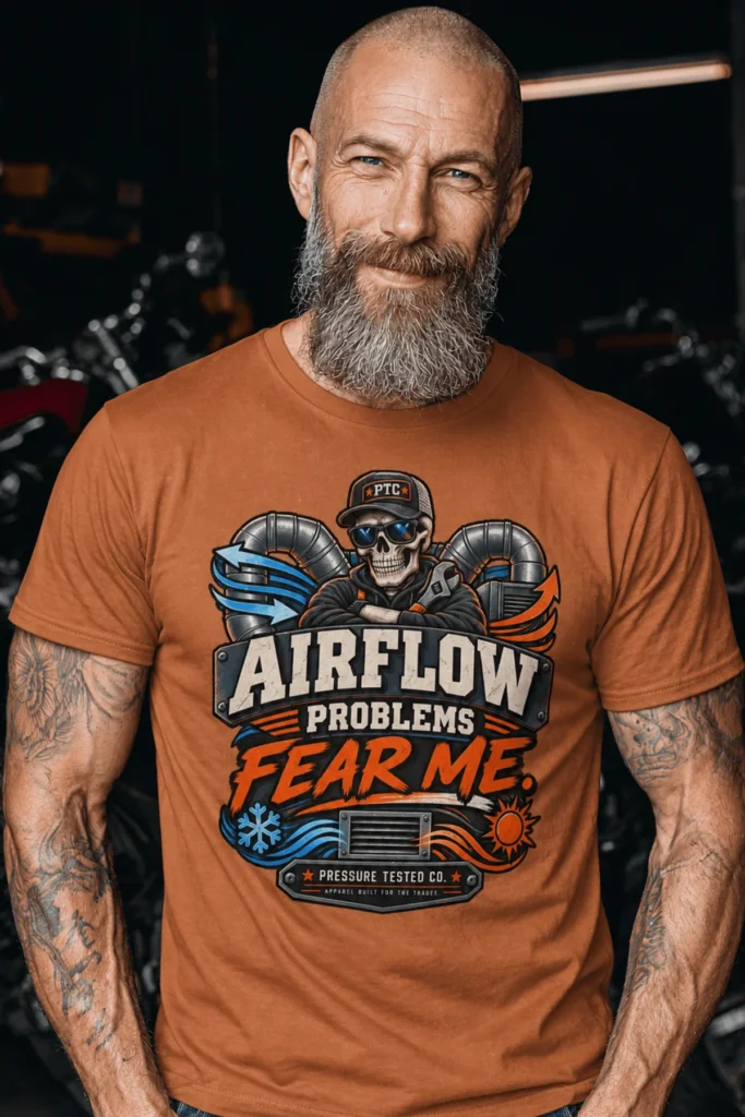 Airflow Problems Fear Me T-Shirt — HVAC Technician Skull Logo Tee — yam t-shirt, model photo | Pressure Tested Co