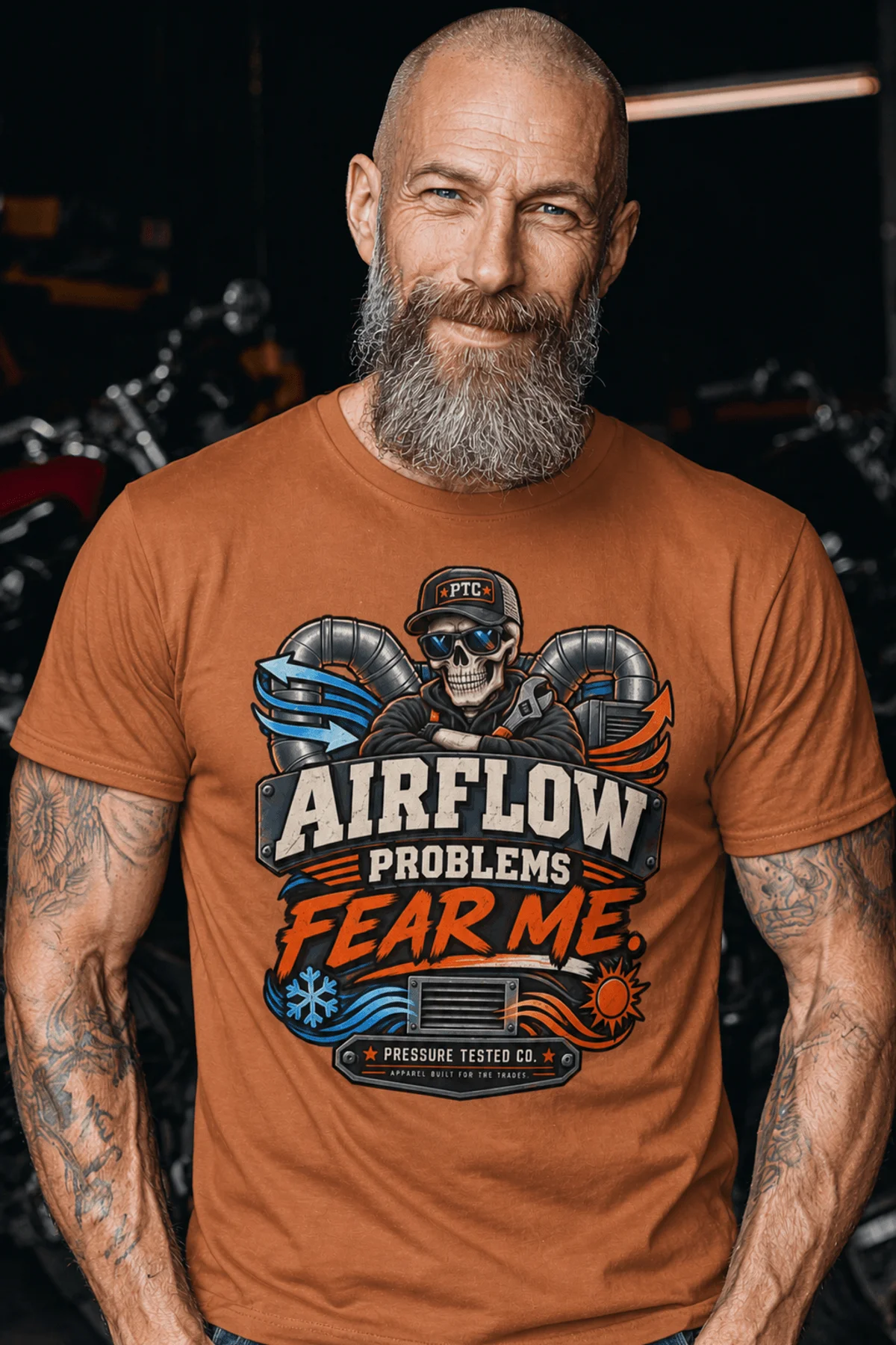 Airflow Problems Fear Me T-Shirt — HVAC Technician Skull Logo Tee — yam t-shirt, model photo | Pressure Tested Co