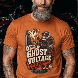 Ghost Voltage T-Shirt — 'I Chase Ghost Voltage for a Living' Vintage Electrician Tee — yam t-shirt, model photo | Pressure Tested Co
