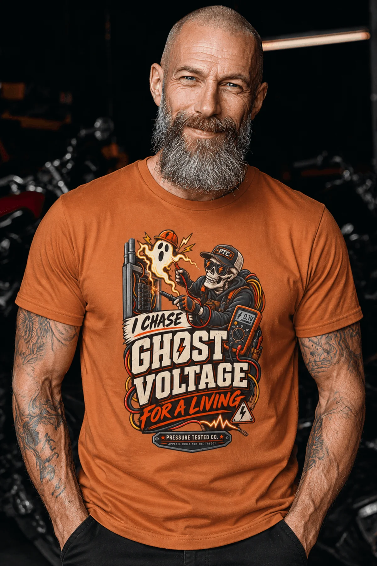 Ghost Voltage T-Shirt — 'I Chase Ghost Voltage for a Living' Vintage Electrician Tee — yam t-shirt, model photo | Pressure Tested Co