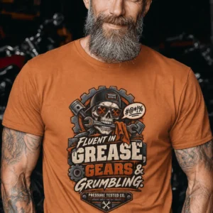 Mechanic Skull T-Shirt — "Fluent in Grease, Gears and Grumbling" Graphic Tee — yam t-shirt, model photo | Pressure Tested Co