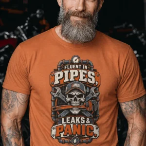 Plumber Skull T-Shirt — "Fluent in Pipes, Leaks and Panic" Workwear Tee — yam t-shirt, model photo | Pressure Tested Co