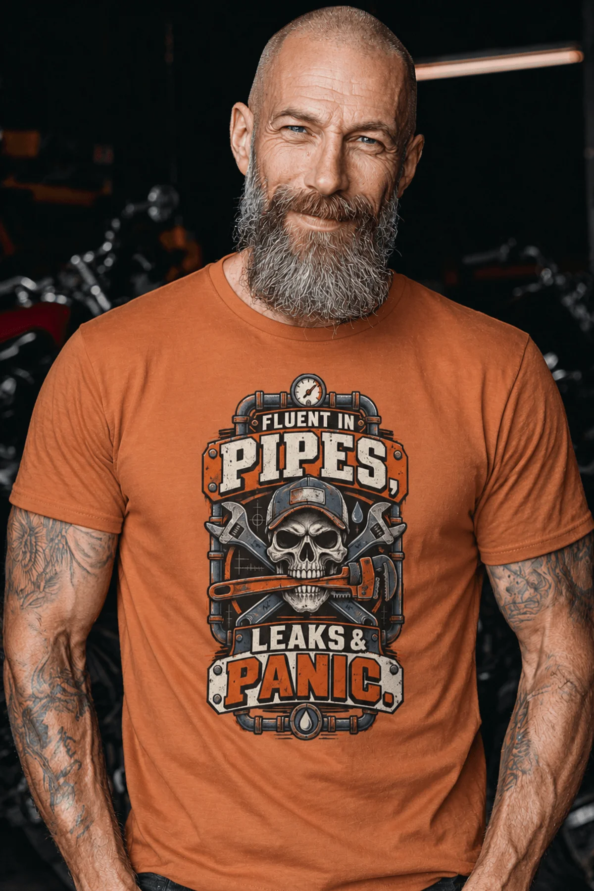 Plumber Skull T-Shirt — "Fluent in Pipes, Leaks and Panic" Workwear Tee — yam t-shirt, model photo | Pressure Tested Co