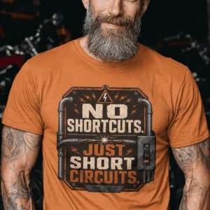No Shortcuts Just Short Circuits T-Shirt — Funny Retro Industrial Electrician Tee — yam t-shirt, model photo | Pressure Tested Co
