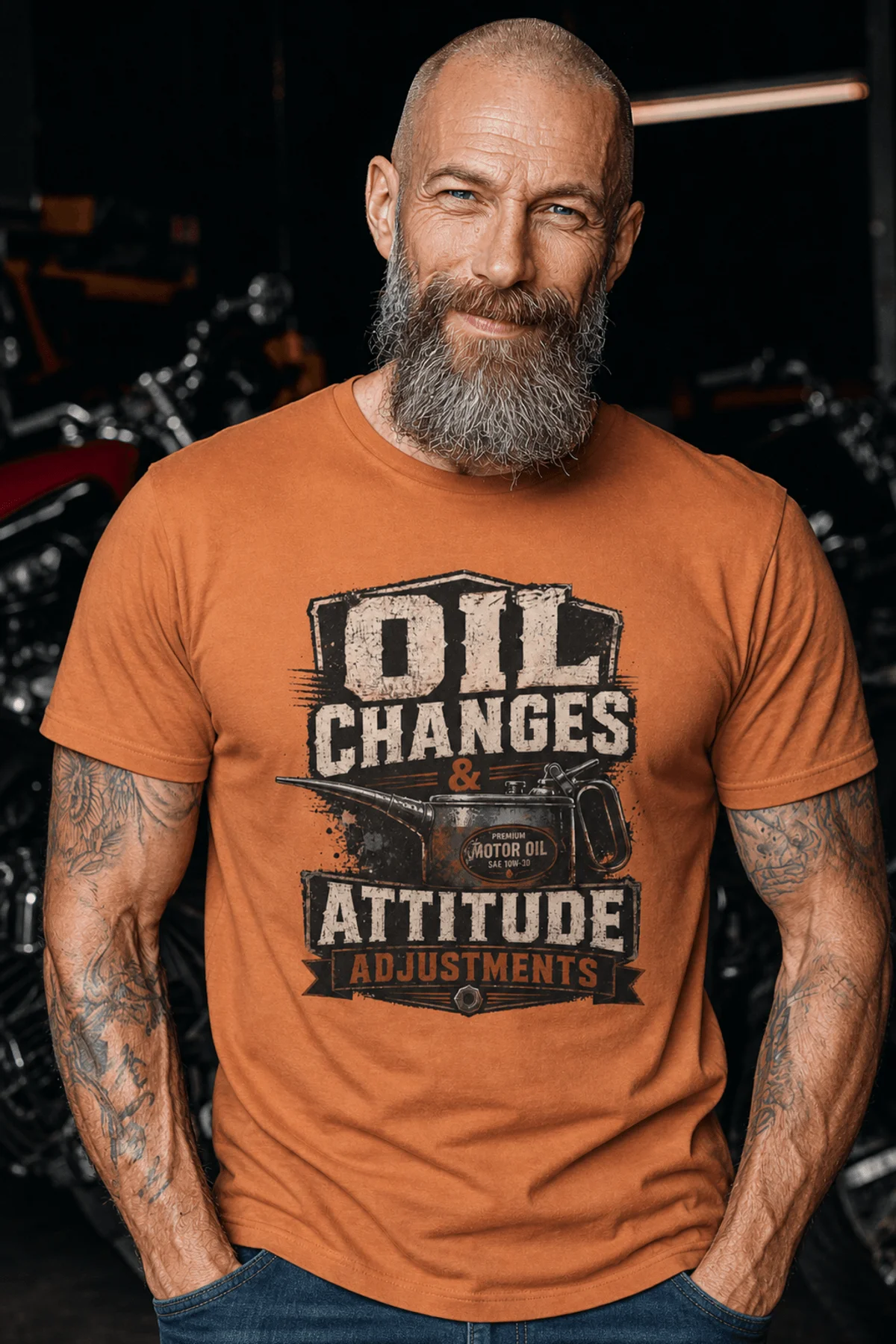 'Oil Changes and Attitude Adjustments' T-Shirt — Funny Retro Industrial Mechanic's Tee — yam t-shirt, model photo | Pressure Tested Co