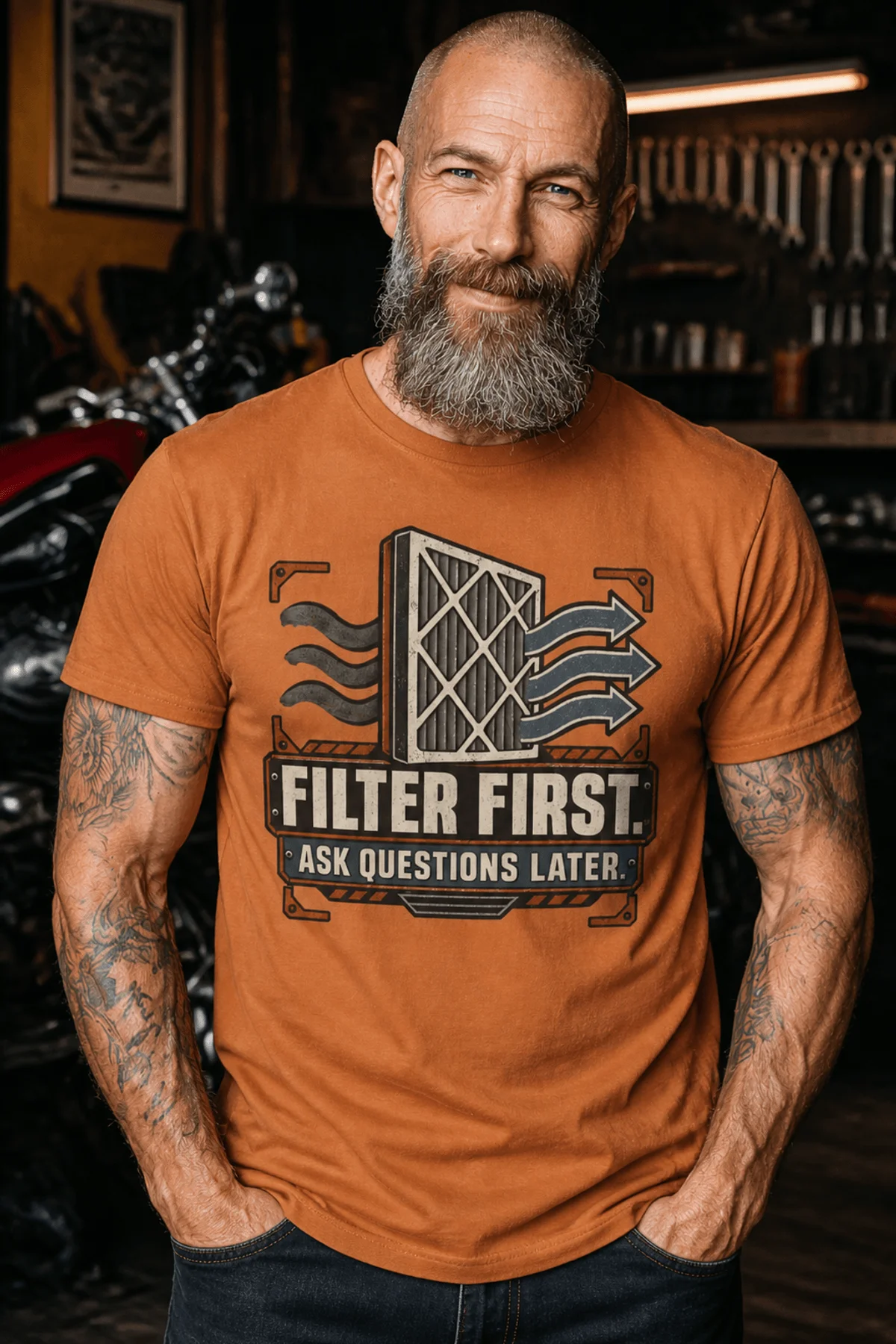 T-Shirt — "Filter First. Ask Questions Later." HVAC Air Filter Graphic — yam t-shirt, model photo | Pressure Tested Co