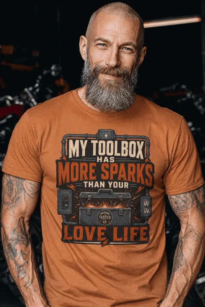 T-Shirt — "My Toolbox Has More Sparks Than Your Love Life" Electrician/Mechanic Workshop Tee — yam t-shirt, model photo | Pressure Tested Co