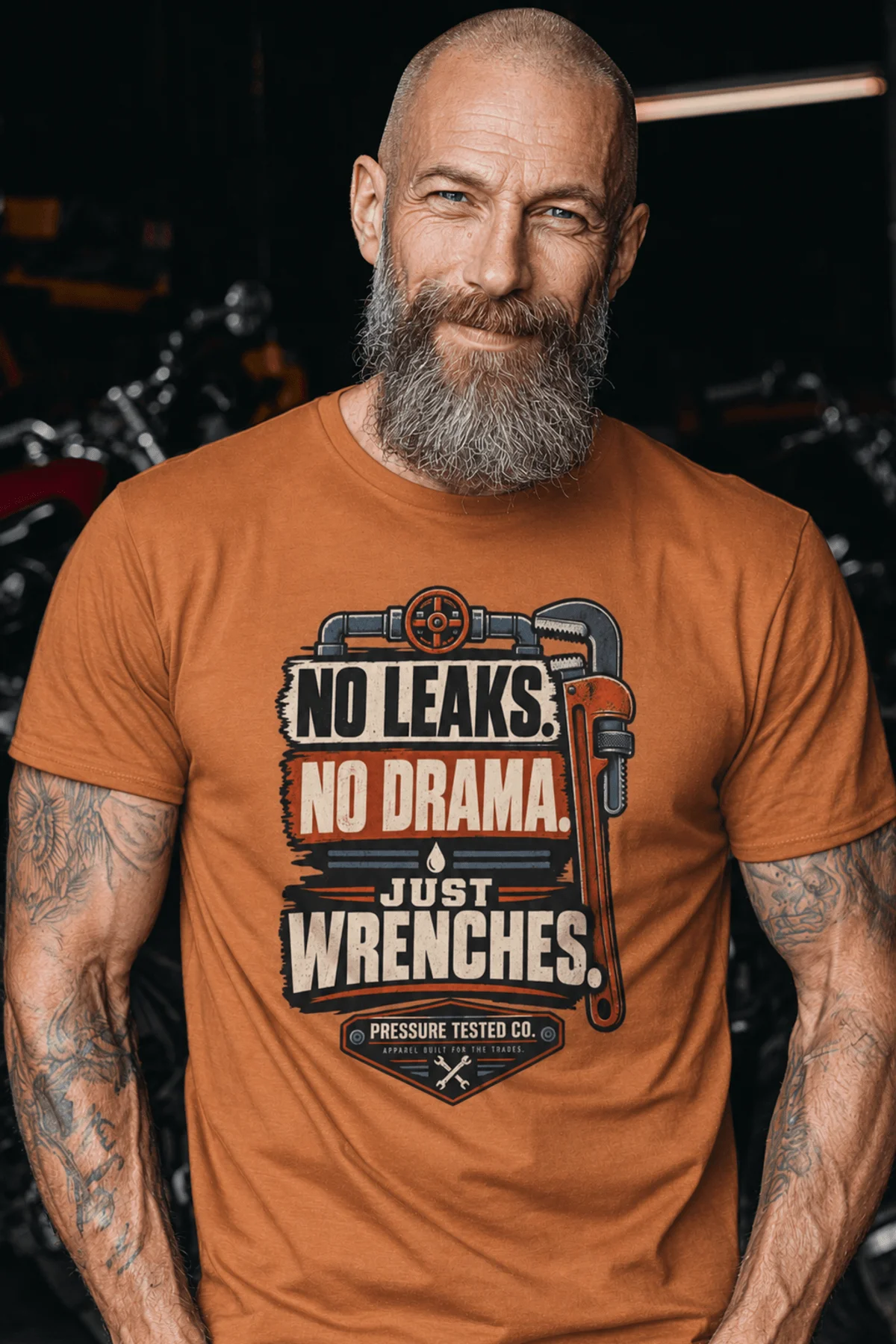 "No Leaks, No Drama, Just Wrenches" Vintage Plumbing Tee — yam t-shirt, model photo | Pressure Tested Co
