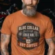 'Blue Collar. Cold Air. Hot Coffee.' T-Shirt — Funny Retro Industrial HVAC Tee — yam t-shirt, model photo | Pressure Tested Co