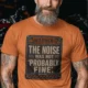 Warning Sign T-Shirt — "The Noise Was Not 'Probably Fine'" Vintage Graphic Tee — yam t-shirt, model photo | Pressure Tested Co