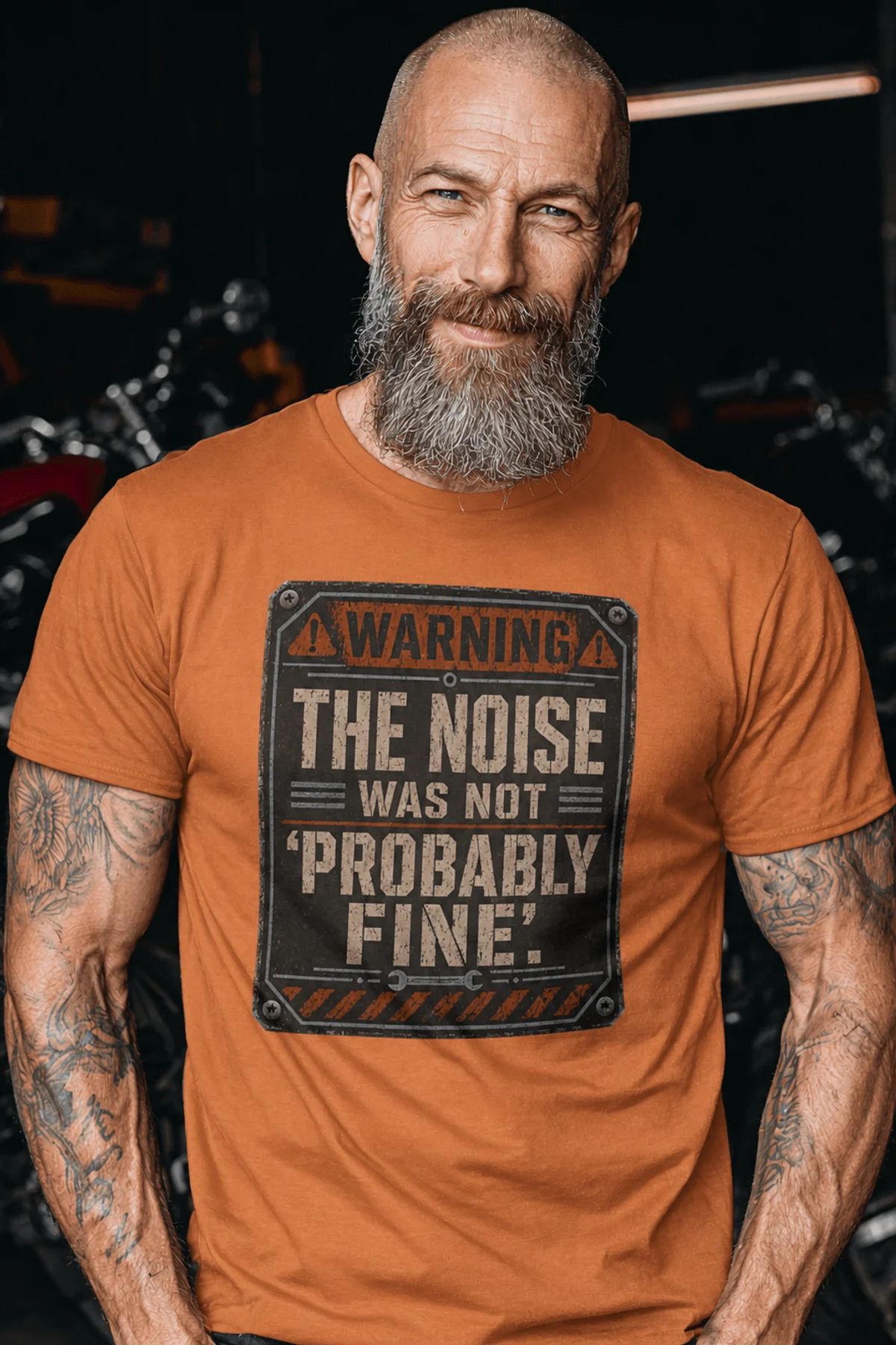 Warning Sign T-Shirt — "The Noise Was Not 'Probably Fine'" Vintage Graphic Tee — yam t-shirt, model photo | Pressure Tested Co