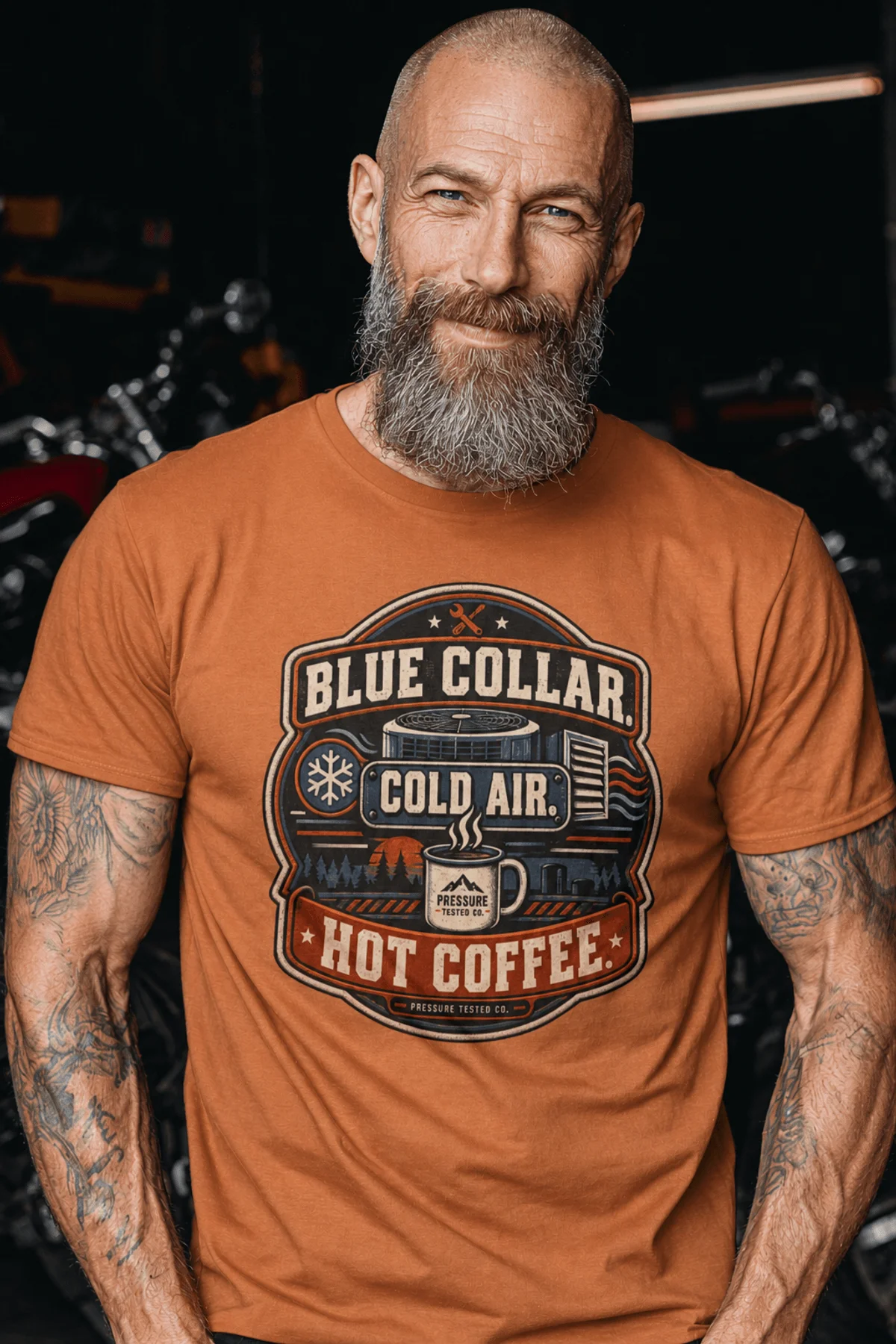 'Blue Collar. Cold Air. Hot Coffee.' T-Shirt — Funny Retro Industrial HVAC Tee — yam t-shirt, model photo | Pressure Tested Co