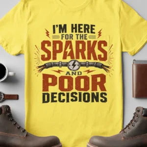 Sparks and Poor Decisions Tee — Funny Electrician/Party Graphic T-Shirt — yellow t-shirt, flat-lay product photo | Pressure Tested Co