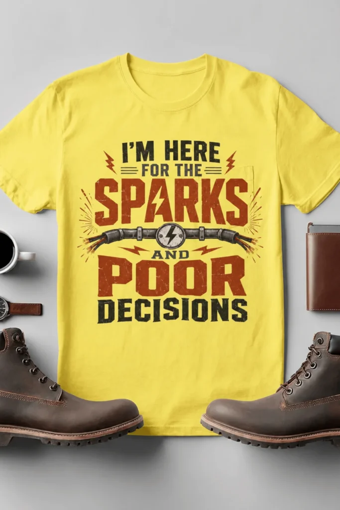 Sparks and Poor Decisions Tee — Funny Electrician/Party Graphic T-Shirt — yellow t-shirt, flat-lay product photo | Pressure Tested Co