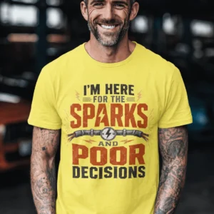 Sparks and Poor Decisions Tee — Funny Electrician/Party Graphic T-Shirt — yellow t-shirt, model photo | Pressure Tested Co
