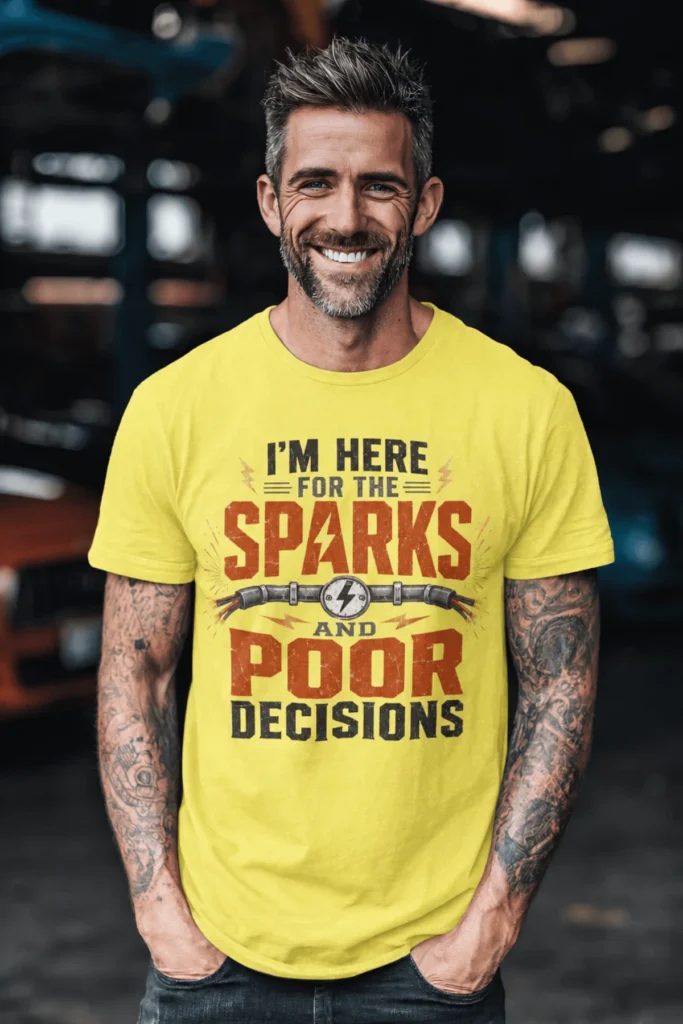 Sparks and Poor Decisions Tee — Funny Electrician/Party Graphic T-Shirt — yellow t-shirt, model photo | Pressure Tested Co