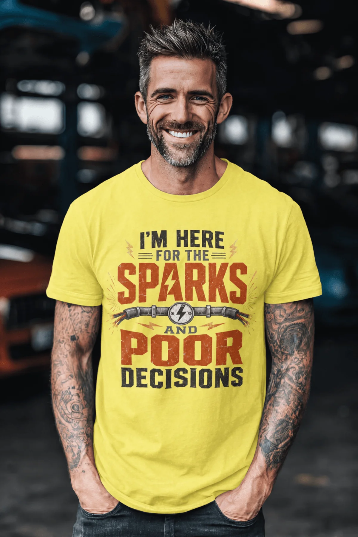 Sparks and Poor Decisions Tee — Funny Electrician/Party Graphic T-Shirt — yellow t-shirt, model photo | Pressure Tested Co