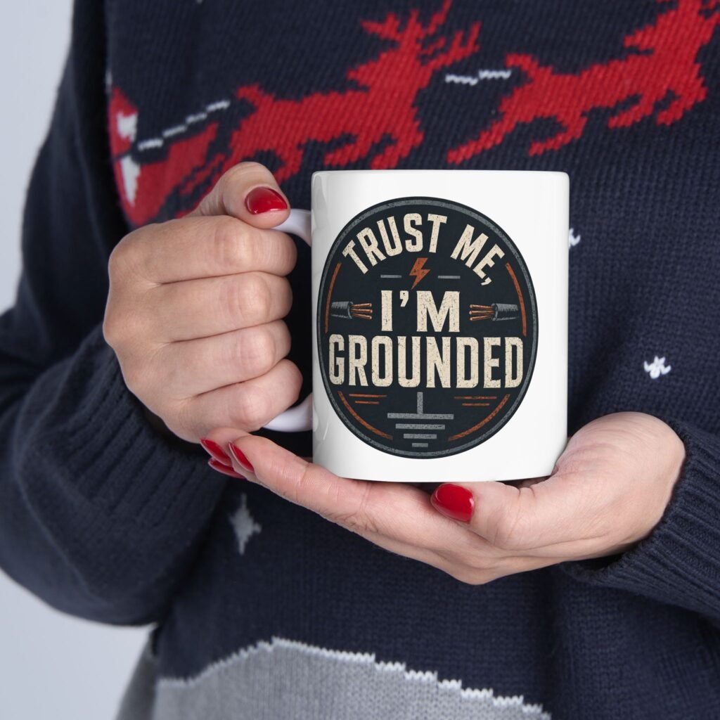 Electrician Ceramic Mug — "Trust Me. I'm Grounded" Vintage Industrial Shop Design (White 11oz / 15oz)