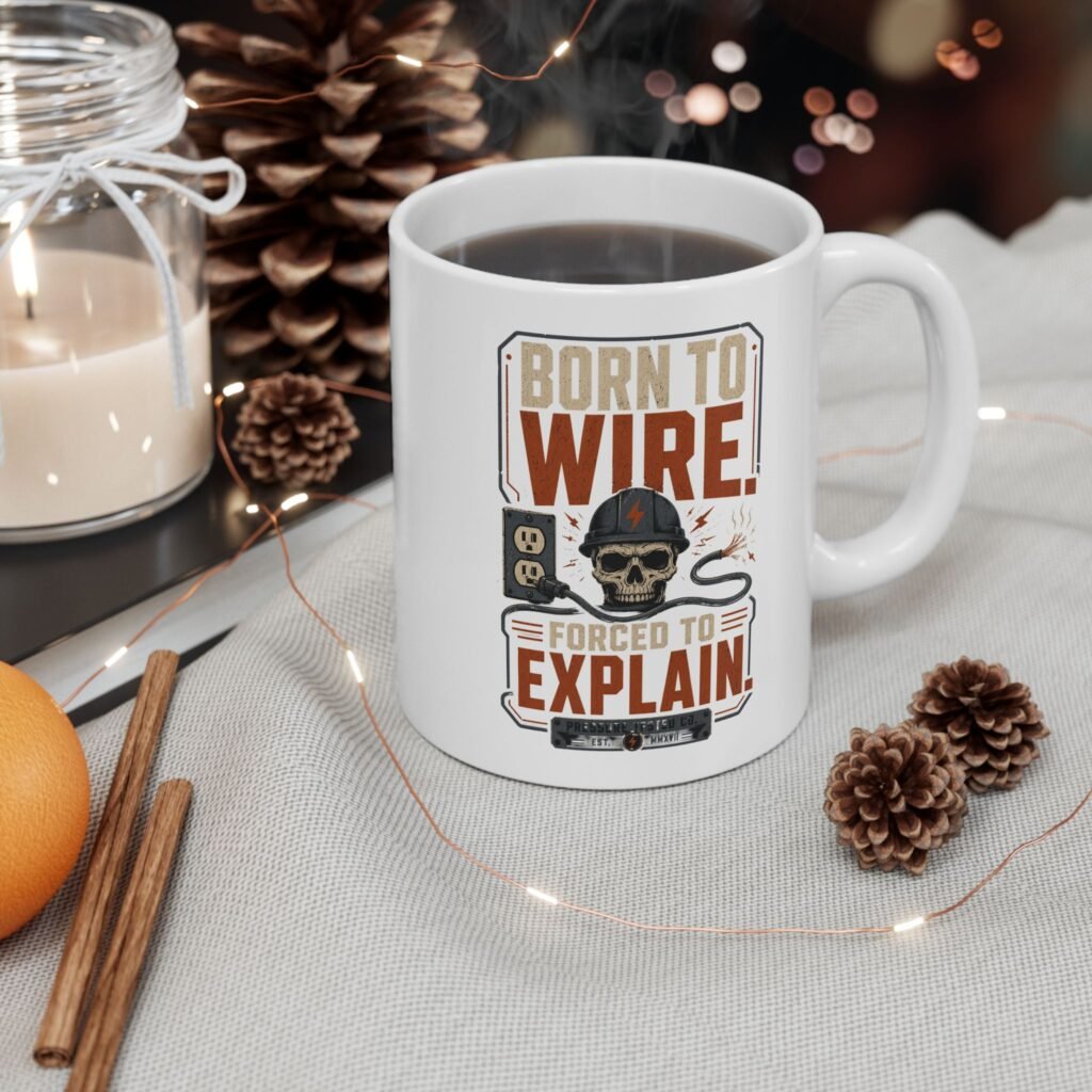 Electrician Mug — "Born to Wire, Forced to Explain" Vintage Skull Graphic Ceramic Coffee Mug (11oz, 15oz)