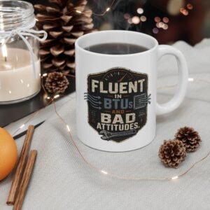 HVAC TECH Ceramic Mug — "Fluent In BTUs And Bad Attitudes" Vintage Industrial Shop Design (White 11oz / 15oz) - Image 1