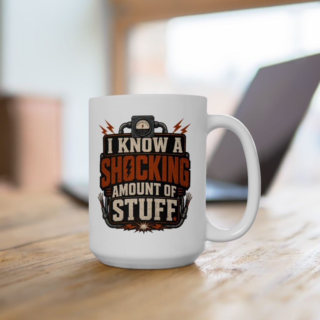 Funny Electrician Technician Mug — "I Know A Shocking Amount Of Stuff!" White Ceramic Coffee Cup (11oz/15oz)