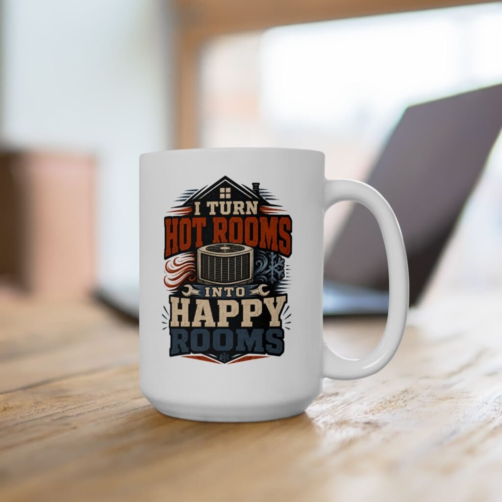 HVAC Technician Mug — "I Turn Hot Rooms Into Happy Rooms" Ceramic Coffee Cup (11oz, 15oz)