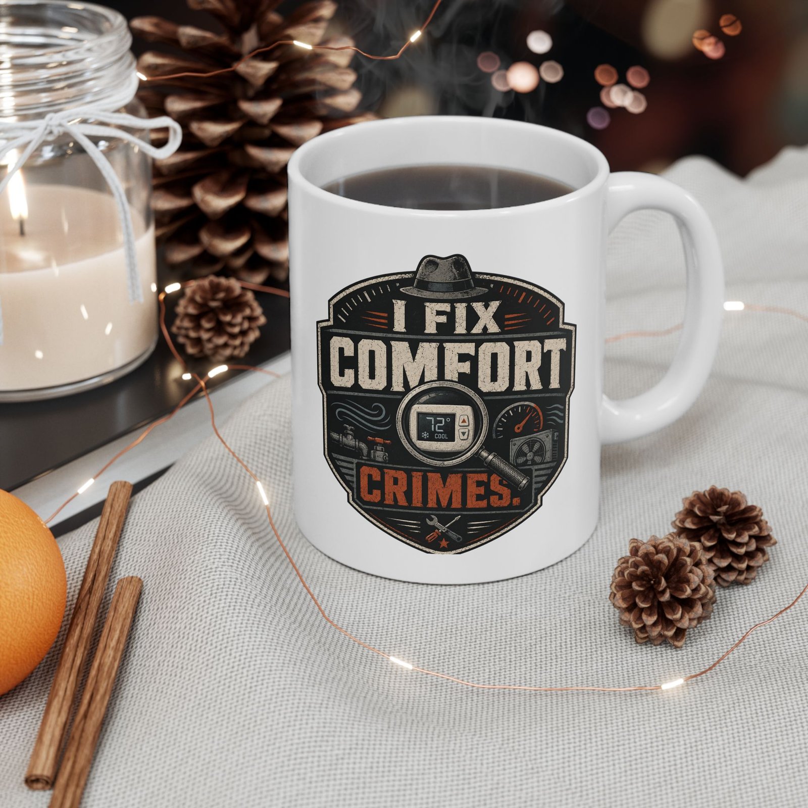 Humorous HVAC Coffee Cup — 'I Fix Comfort Crimes' Retro Badge Design Ceramic Mug (11oz, 15oz) - Image 1