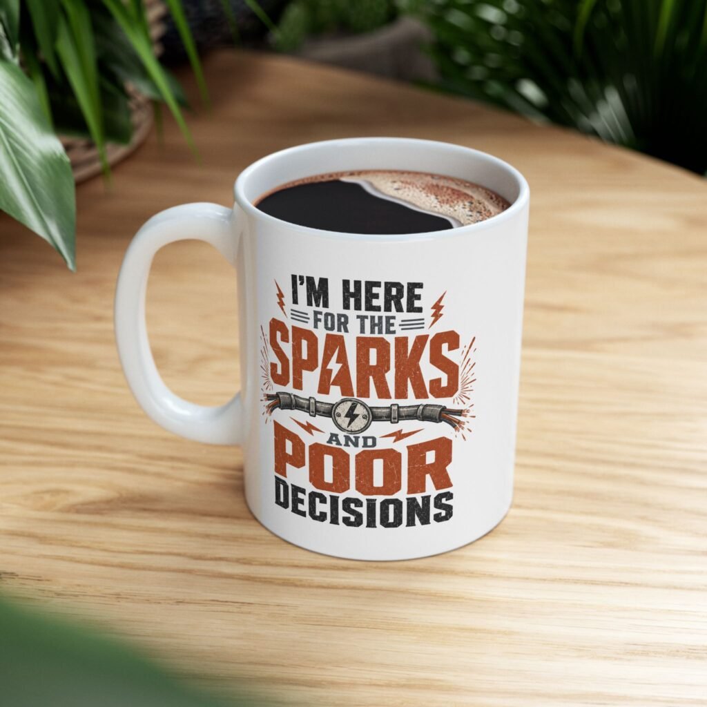 "I’m Here For The Sparks And Poor Decisions" Funny Electrician's Coffee Cup