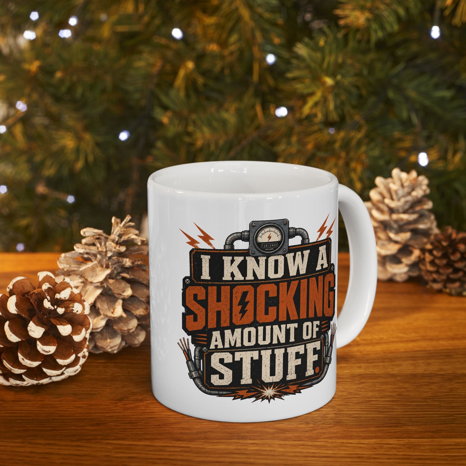 Funny Electrician Technician Mug — "I Know A Shocking Amount Of Stuff!" White Ceramic Coffee Cup (11oz/15oz) - Image 3