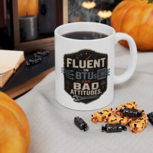 HVAC TECH Ceramic Mug — "Fluent In BTUs And Bad Attitudes" Vintage Industrial Shop Design (White 11oz / 15oz) - Image 2