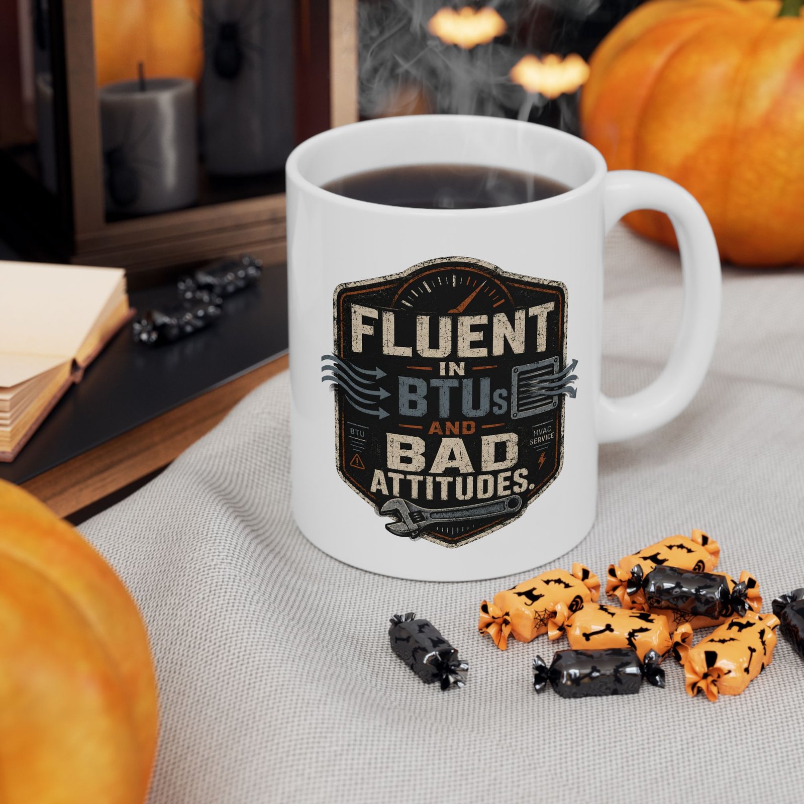HVAC TECH Ceramic Mug — "Fluent In BTUs And Bad Attitudes" Vintage Industrial Shop Design (White 11oz / 15oz) - Image 2