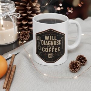 Mechanic's Coffee Mug 15oz — "Will Diagnose For Coffee" 15oz Coffee Cup Gift - Image 1