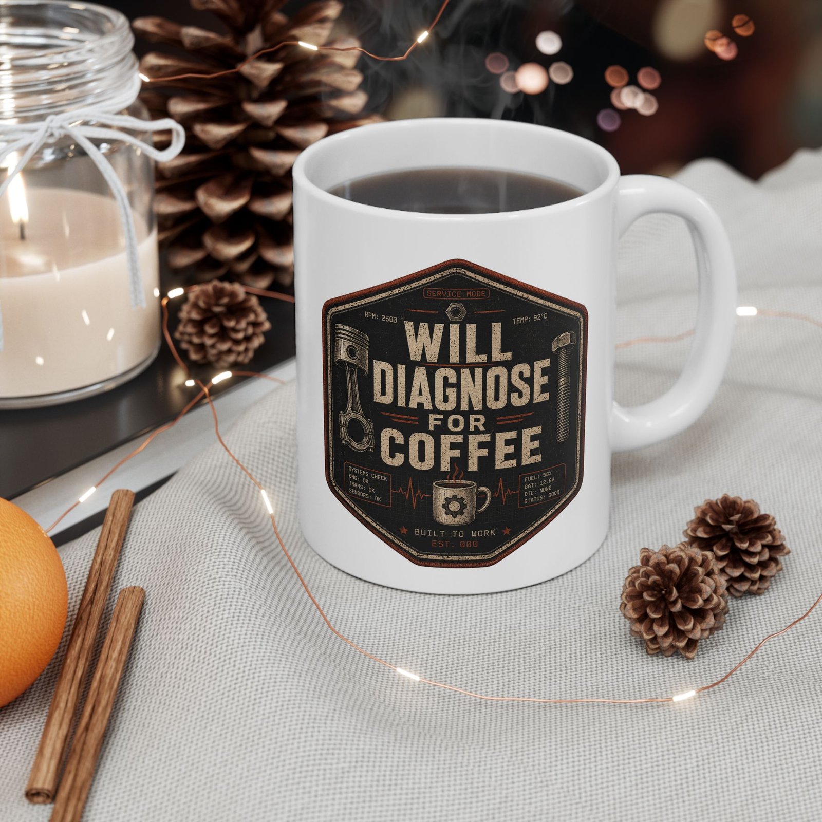 Mechanic's Coffee Mug 15oz — "Will Diagnose For Coffee" 15oz Coffee Cup Gift - Image 1