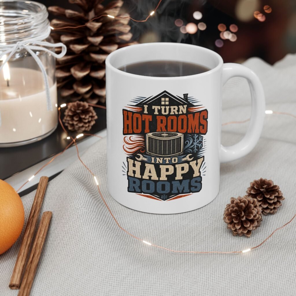 HVAC Technician Mug — "I Turn Hot Rooms Into Happy Rooms" Ceramic Coffee Cup (11oz, 15oz)