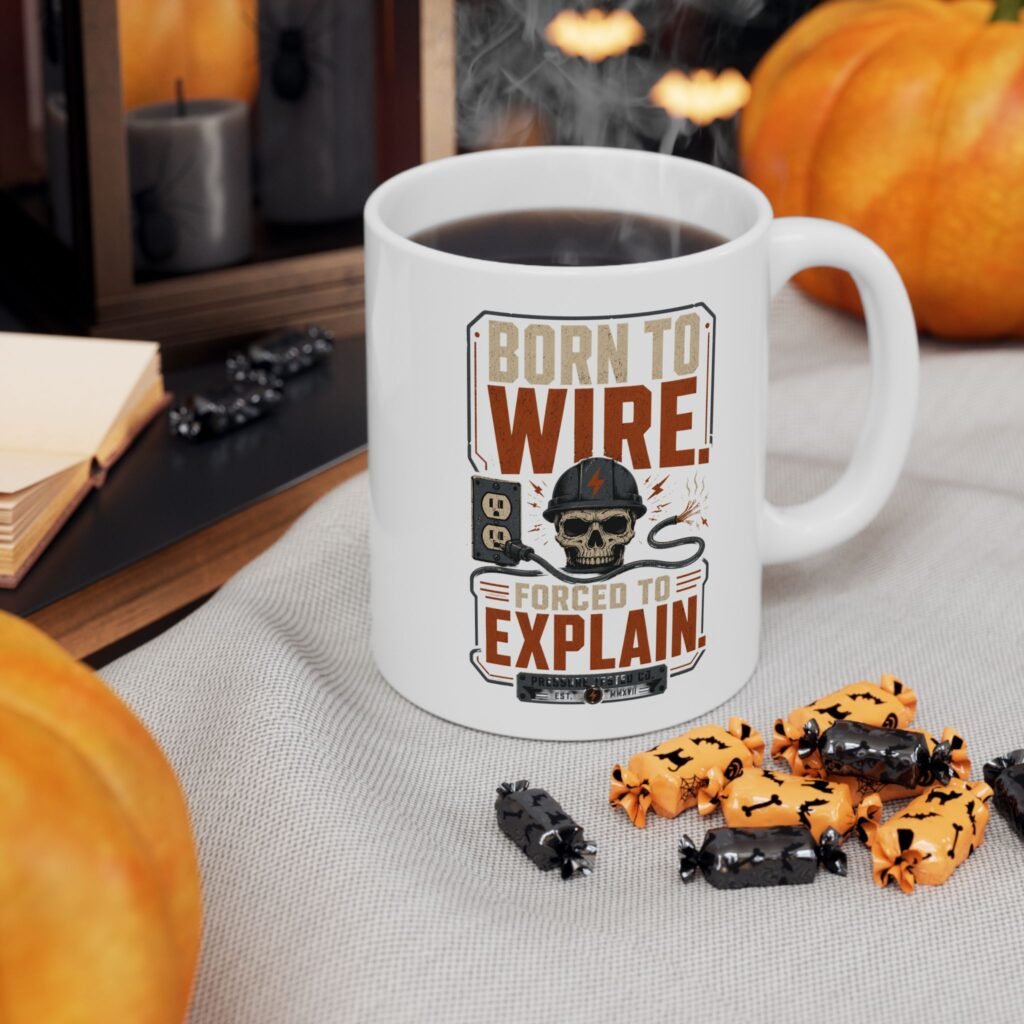 Electrician Mug — "Born to Wire, Forced to Explain" Vintage Skull Graphic Ceramic Coffee Mug (11oz, 15oz)
