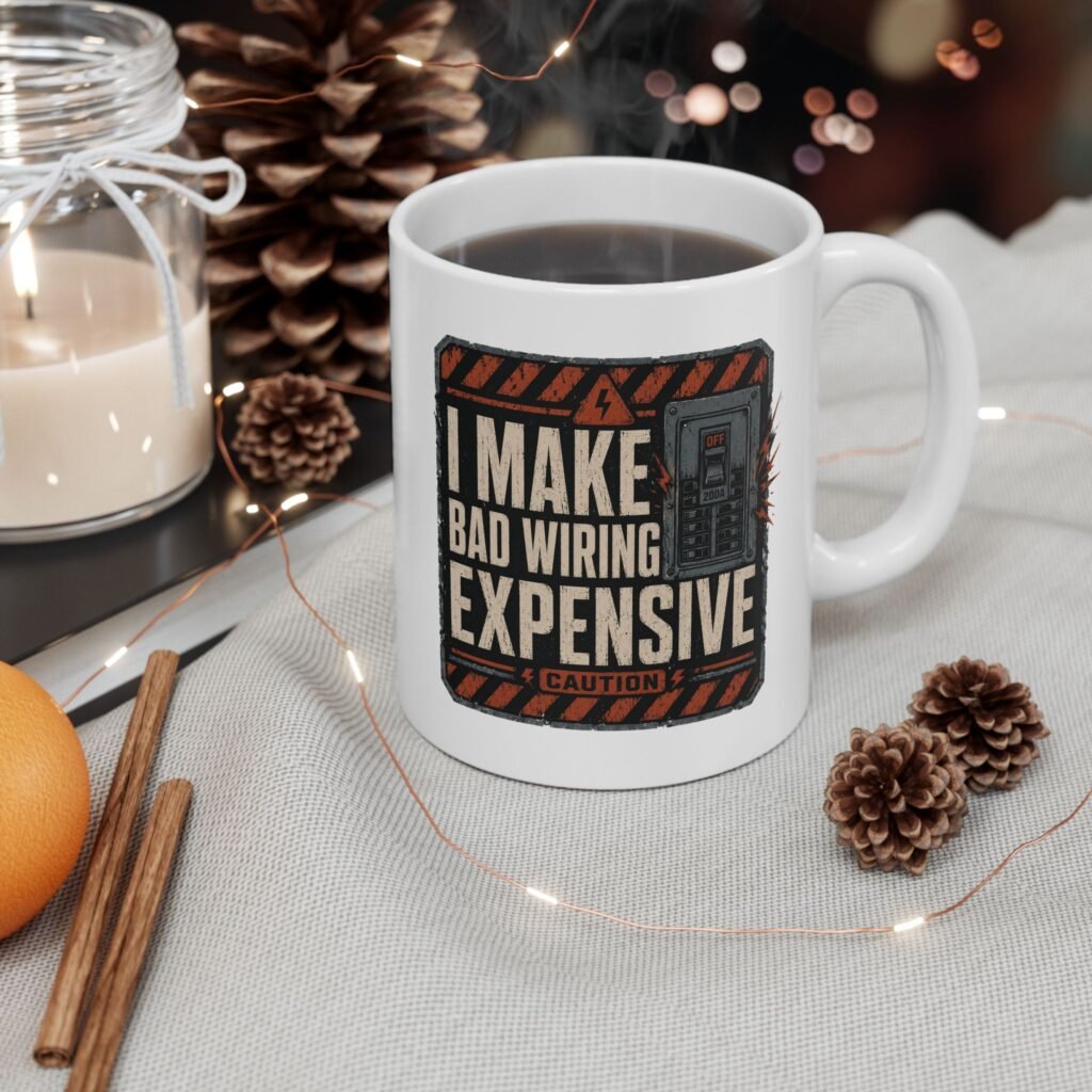 Humorous Electrician Coffee Cup — 'I Make Bad Wiring Expensive' Retro Badge Design Ceramic Mug (11oz, 15oz)