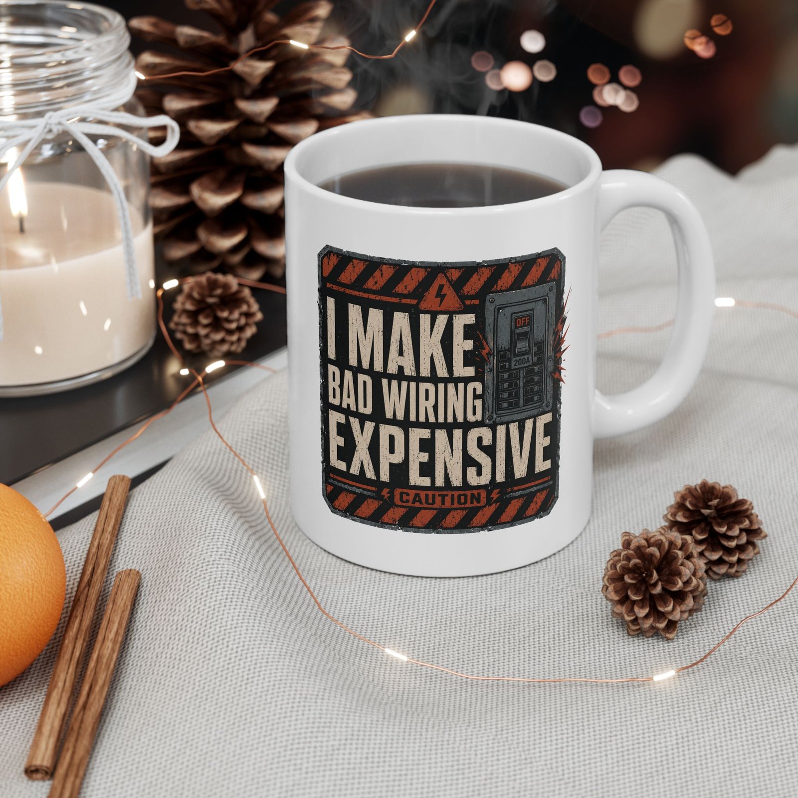 Humorous Electrician Coffee Cup — 'I Make Bad Wiring Expensive' Retro Badge Design Ceramic Mug (11oz, 15oz) - Image 1