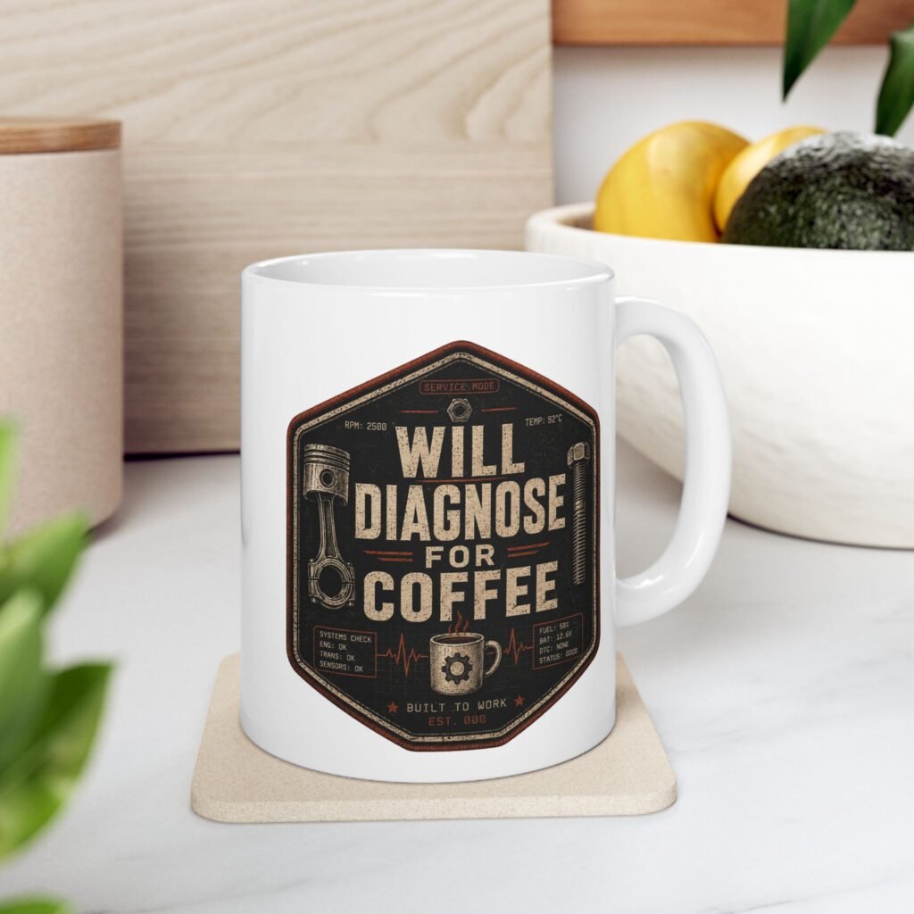 Mechanic's Coffee Mug 15oz — "Will Diagnose For Coffee" 15oz Coffee Cup Gift