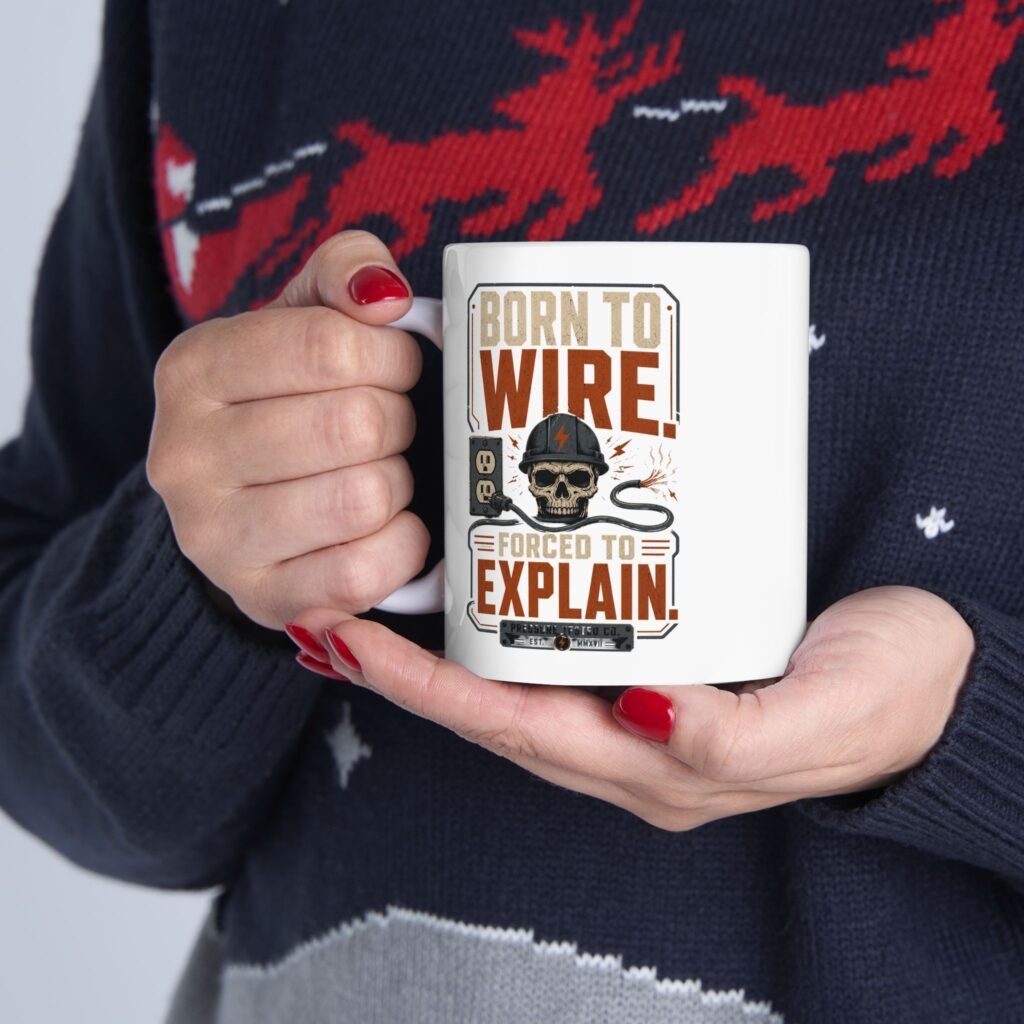 Electrician Mug — "Born to Wire, Forced to Explain" Vintage Skull Graphic Ceramic Coffee Mug (11oz, 15oz)