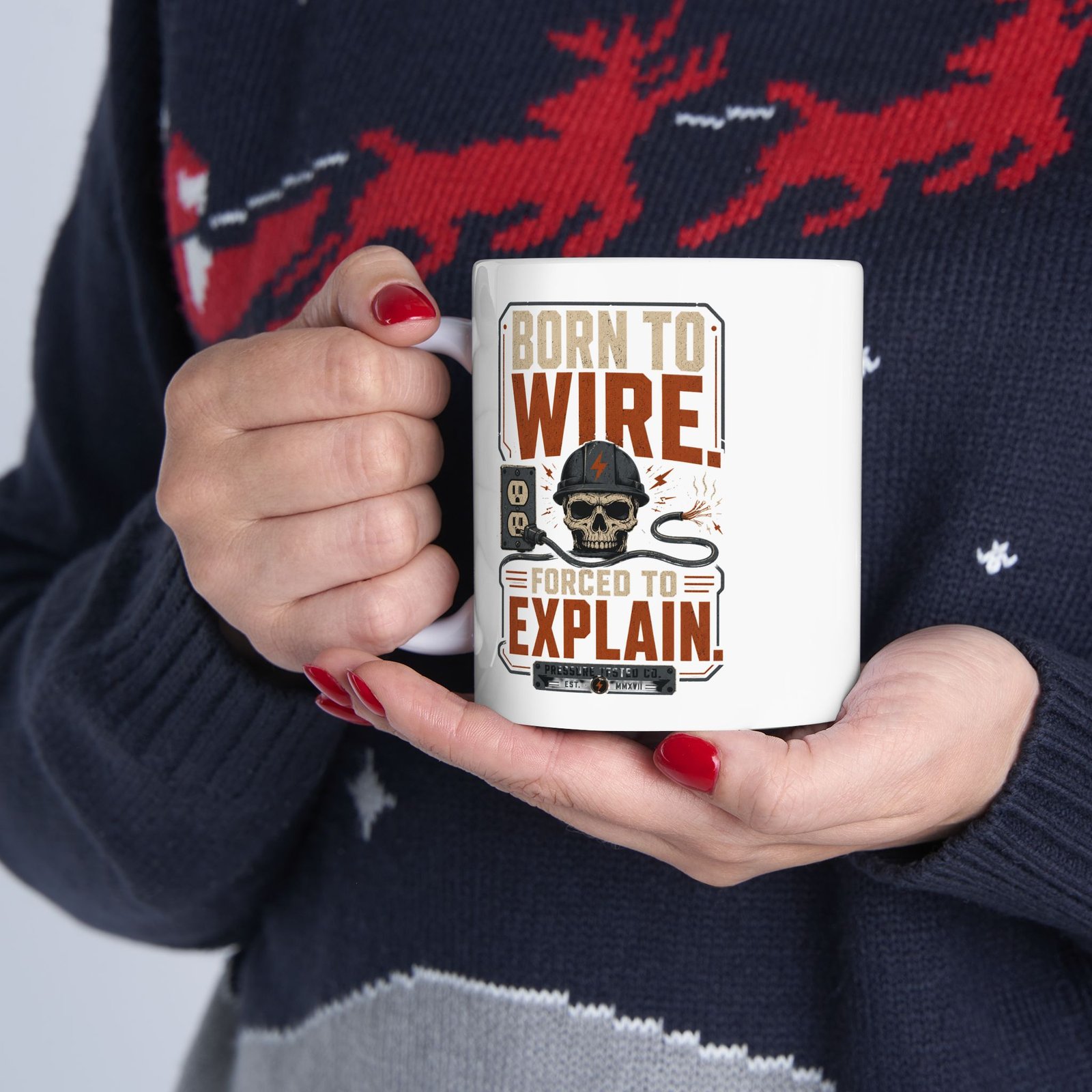 Electrician Mug — "Born to Wire, Forced to Explain" Vintage Skull Graphic Ceramic Coffee Mug (11oz, 15oz) - Image 3