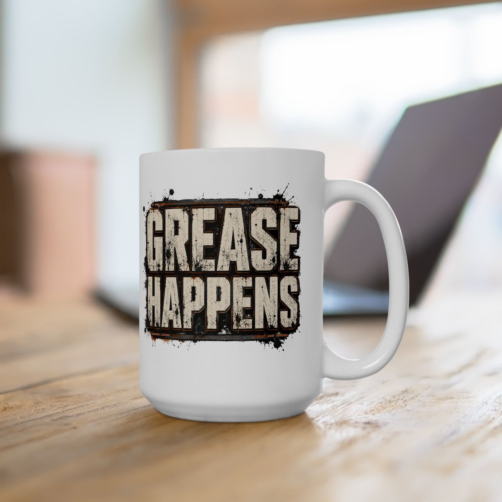 Mechanic's or Cook's Coffee Mug — 'GREASE HAPPENS' Rustic Grunge Typography Ceramic Mug (11oz, 15oz) - Image 4