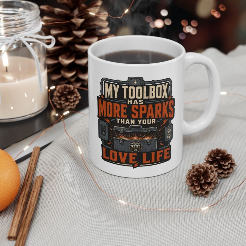 Electrician Ceramic Mug — "My Toolbox Has More Sparks Than Your Love Life" Vintage Industrial Shop Design (11oz / 15oz)