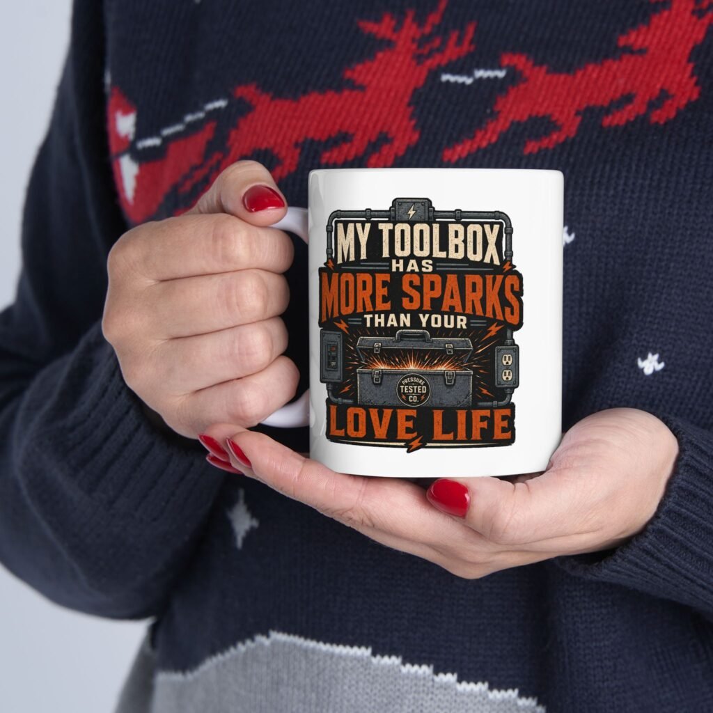 Electrician Ceramic Mug — "My Toolbox Has More Sparks Than Your Love Life" Vintage Industrial Shop Design (11oz / 15oz)