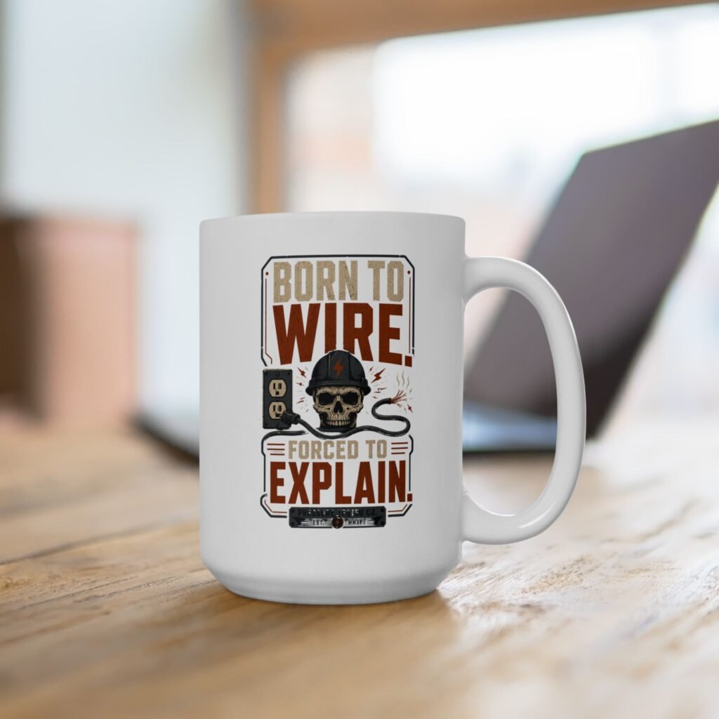 Electrician Mug — "Born to Wire, Forced to Explain" Vintage Skull Graphic Ceramic Coffee Mug (11oz, 15oz)