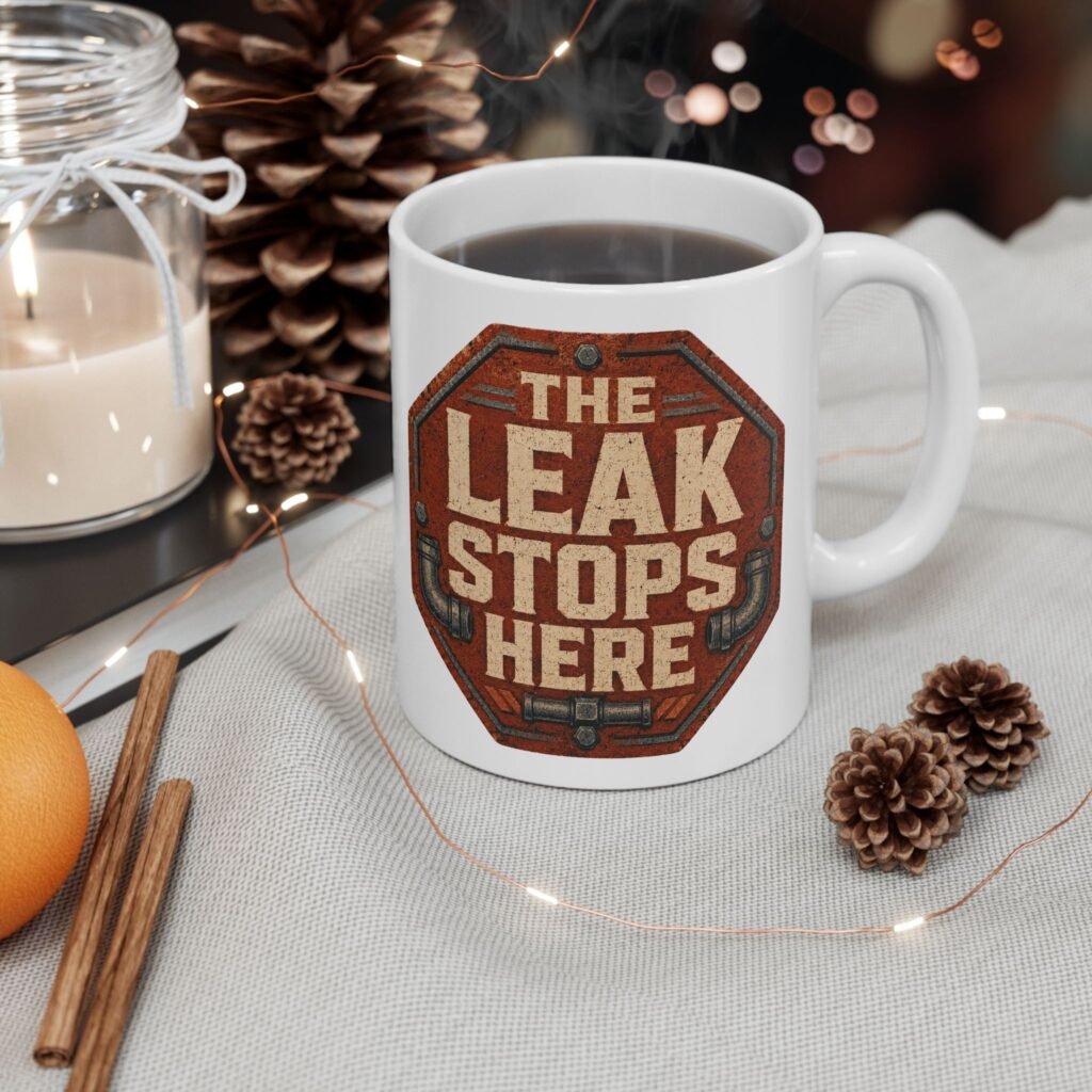 'The Leak Stops Here' Ceramic Mug with Stop Sign Badge — Funny Plumber White Coffee Cup (11oz, 15oz)